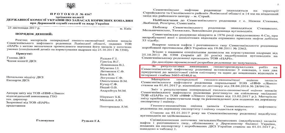 Протокол ДКЗ № 4167 від 23.11.2017: поклади Семигинівського родовища на глибині 3605–4540 м. Документ з матеріалів «СтопКор».